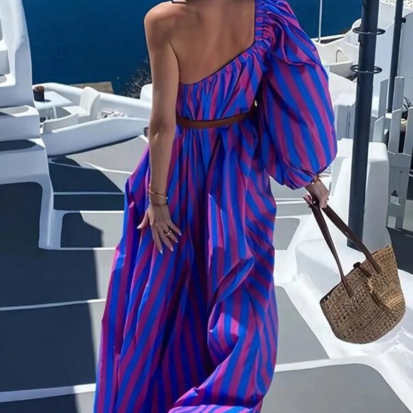 Women's Striped Print Sexy One Shoulder Vacation Style Maxi Dress - Picture 2 of 4